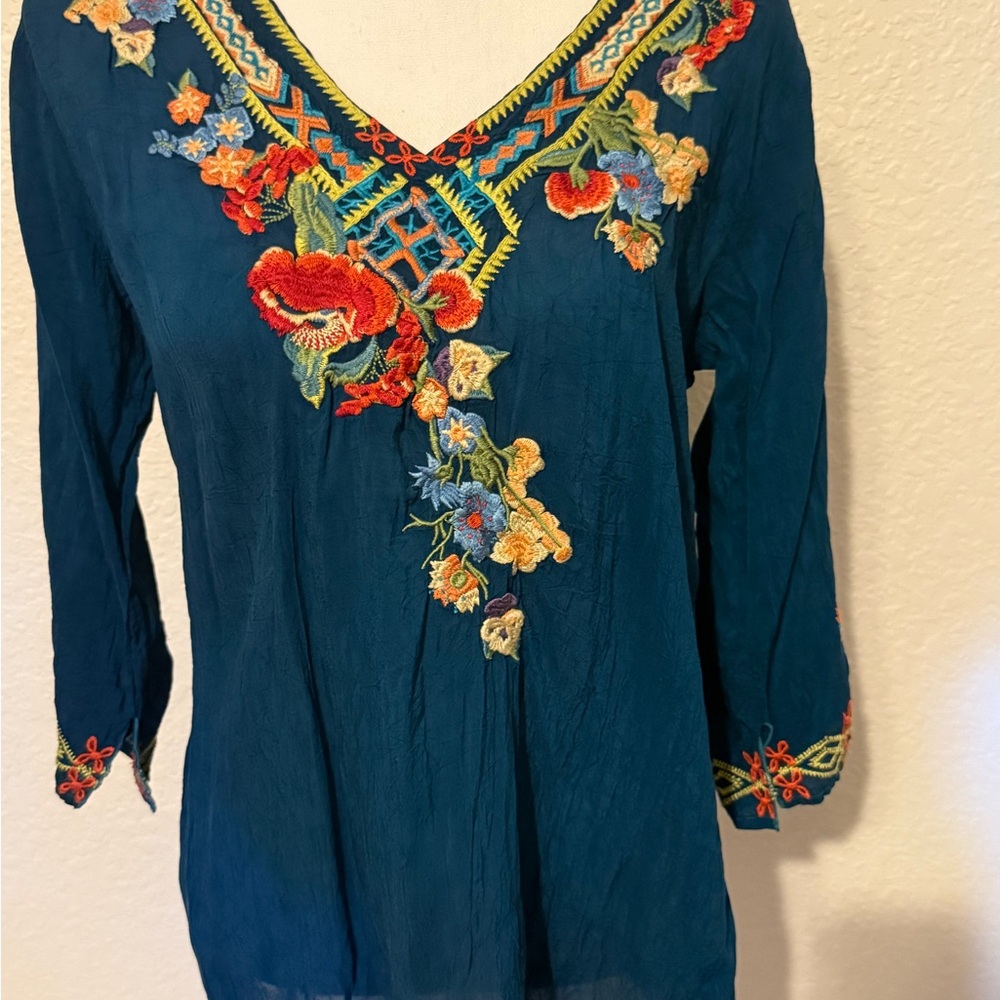 Johnny Was Teal Blouse with Floral Embroidery  (B3)